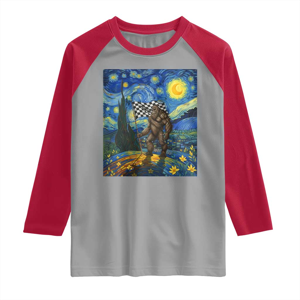 Bigfoot Racing Raglan Shirt Sasquatch Checkered Flag Starry Night Van Gogh TS14 Sport Gray Red Print Your Wear
