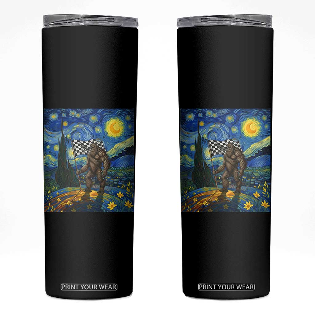 Bigfoot Racing Skinny Tumbler Sasquatch Checkered Flag Starry Night Van Gogh TS14 Black Print Your Wear