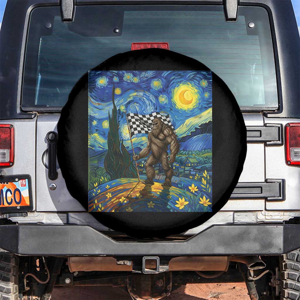 Bigfoot Racing Spare Tire Cover Sasquatch Checkered Flag Starry Night Van Gogh TS14 No hole Black Print Your Wear