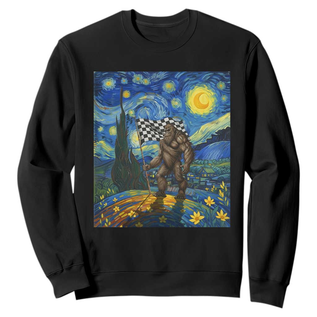 Bigfoot Racing Sweatshirt Sasquatch Checkered Flag Starry Night Van Gogh TS14 Black Print Your Wear
