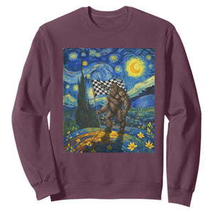 Bigfoot Racing Sweatshirt Sasquatch Checkered Flag Starry Night Van Gogh TS14 Maroon Print Your Wear