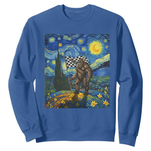 Bigfoot Racing Sweatshirt Sasquatch Checkered Flag Starry Night Van Gogh TS14 Royal Blue Print Your Wear