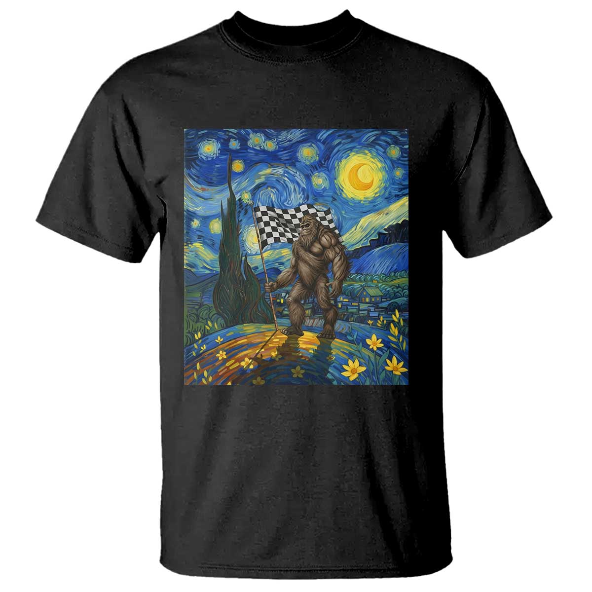 Bigfoot Racing T Shirt Sasquatch Checkered Flag Starry Night Van Gogh TS14 Black Print Your Wear