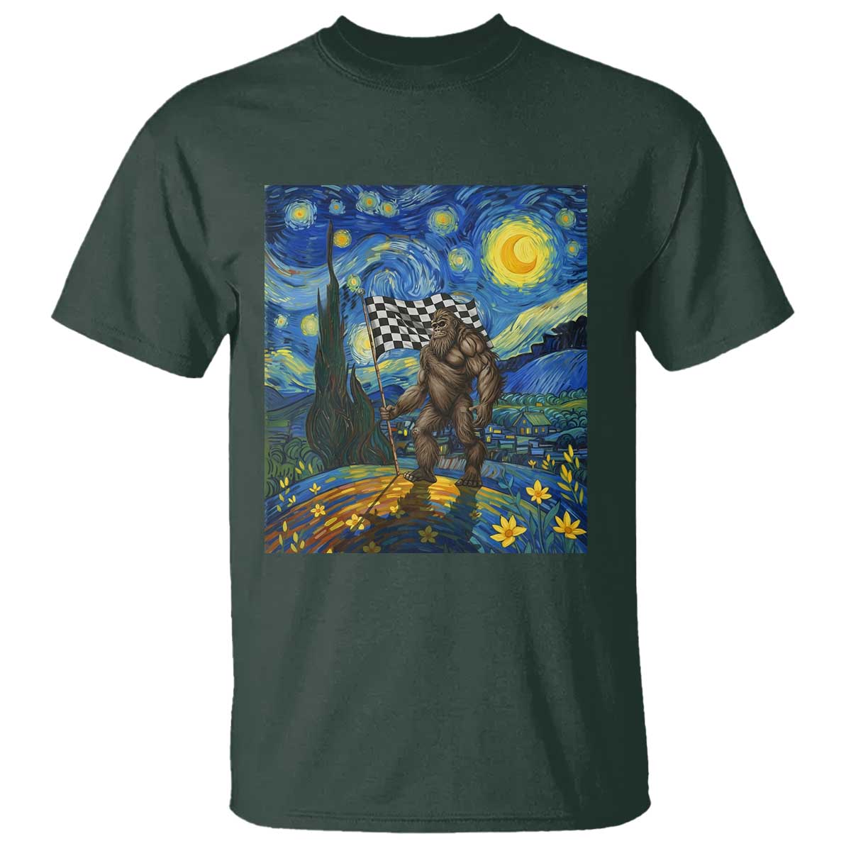 Bigfoot Racing T Shirt Sasquatch Checkered Flag Starry Night Van Gogh TS14 Dark Forest Green Print Your Wear