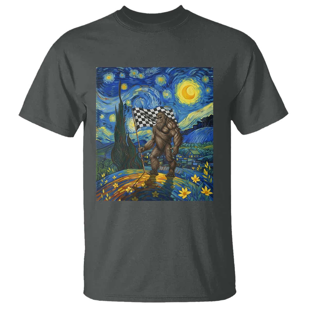 Bigfoot Racing T Shirt Sasquatch Checkered Flag Starry Night Van Gogh TS14 Dark Heather Print Your Wear