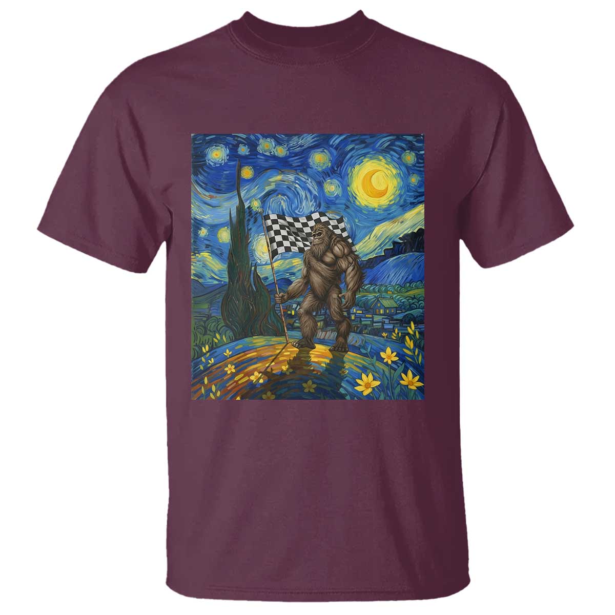 Bigfoot Racing T Shirt Sasquatch Checkered Flag Starry Night Van Gogh TS14 Maroon Print Your Wear