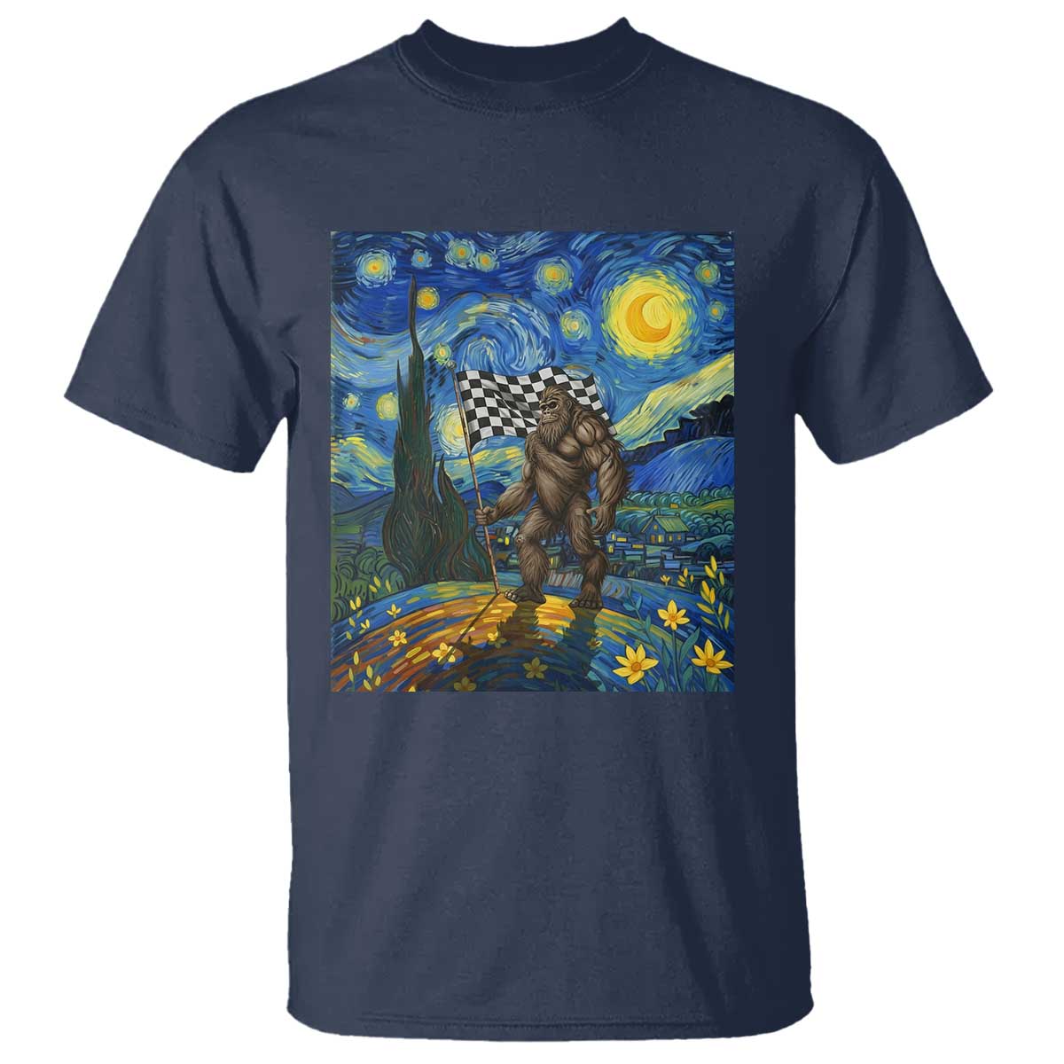 Bigfoot Racing T Shirt Sasquatch Checkered Flag Starry Night Van Gogh TS14 Navy Print Your Wear
