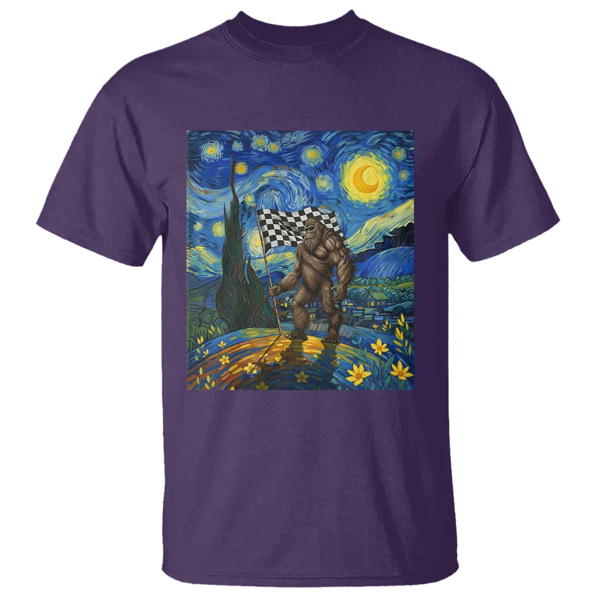 Bigfoot Racing T Shirt Sasquatch Checkered Flag Starry Night Van Gogh TS14 Purple Print Your Wear