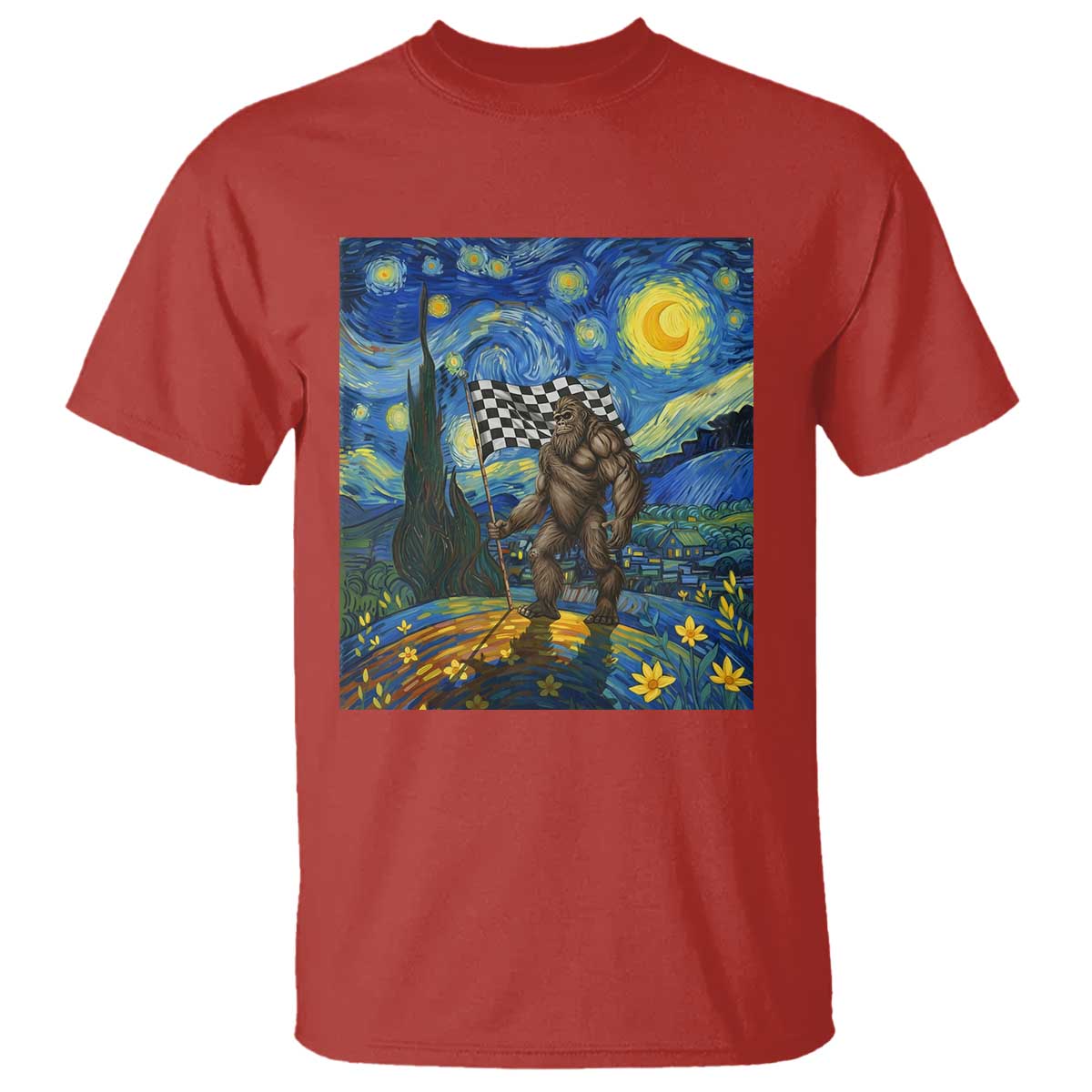 Bigfoot Racing T Shirt Sasquatch Checkered Flag Starry Night Van Gogh TS14 Red Print Your Wear