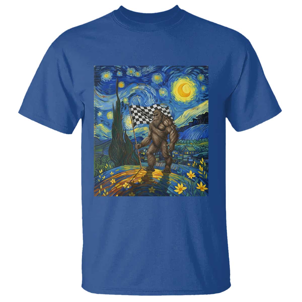 Bigfoot Racing T Shirt Sasquatch Checkered Flag Starry Night Van Gogh TS14 Royal Blue Print Your Wear