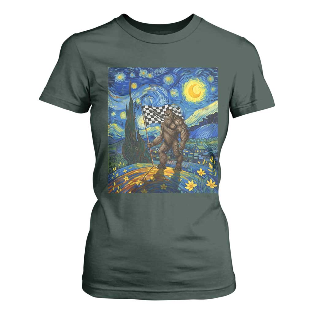 Bigfoot Racing T Shirt For Women Sasquatch Checkered Flag Starry Night Van Gogh TS14 Dark Forest Green Print Your Wear