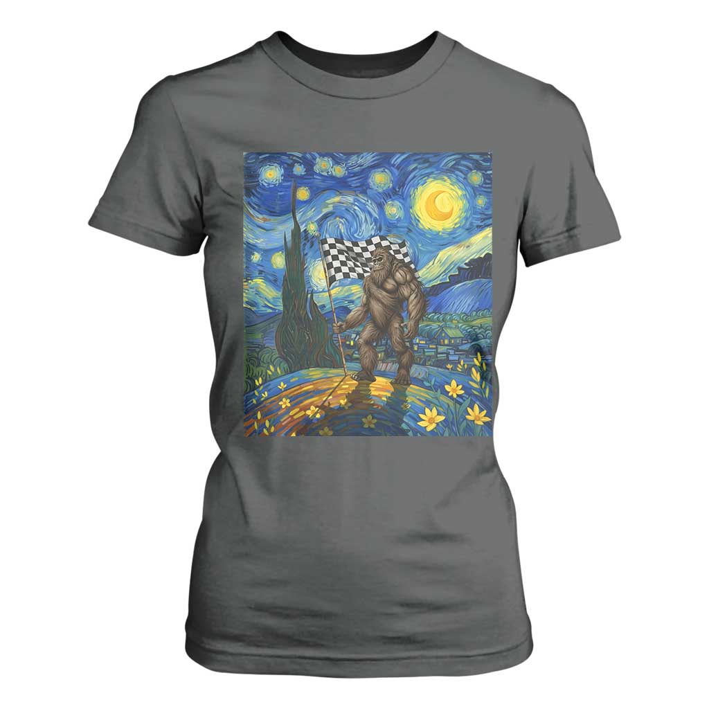 Bigfoot Racing T Shirt For Women Sasquatch Checkered Flag Starry Night Van Gogh TS14 Dark Heather Print Your Wear