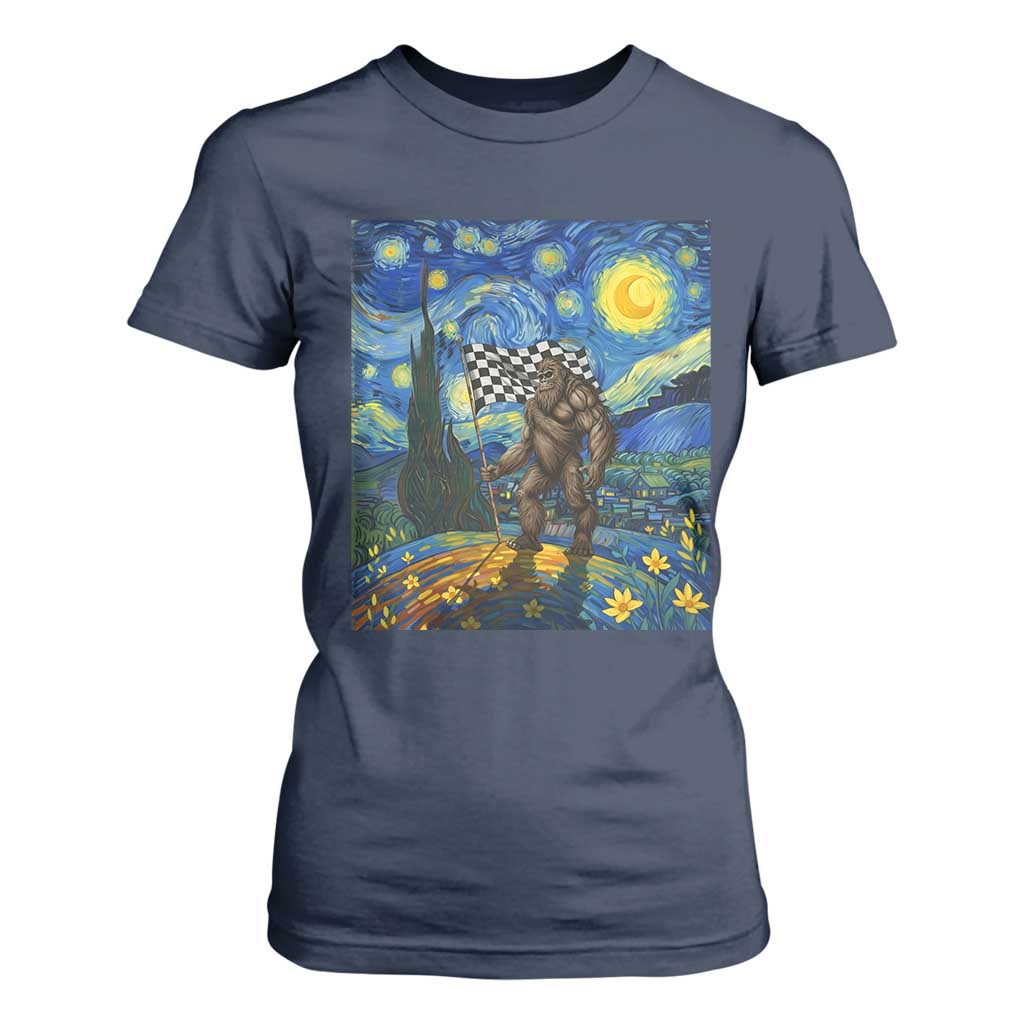 Bigfoot Racing T Shirt For Women Sasquatch Checkered Flag Starry Night Van Gogh TS14 Navy Print Your Wear