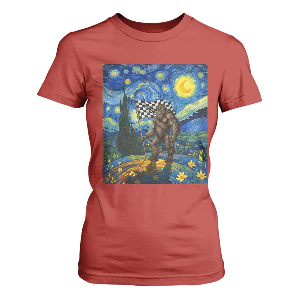Bigfoot Racing T Shirt For Women Sasquatch Checkered Flag Starry Night Van Gogh TS14 Red Print Your Wear