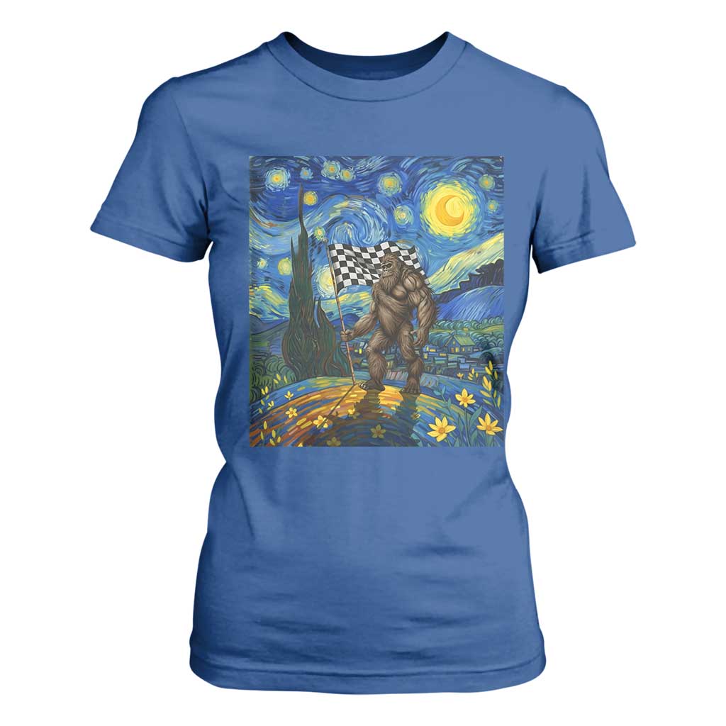Bigfoot Racing T Shirt For Women Sasquatch Checkered Flag Starry Night Van Gogh TS14 Royal Blue Print Your Wear