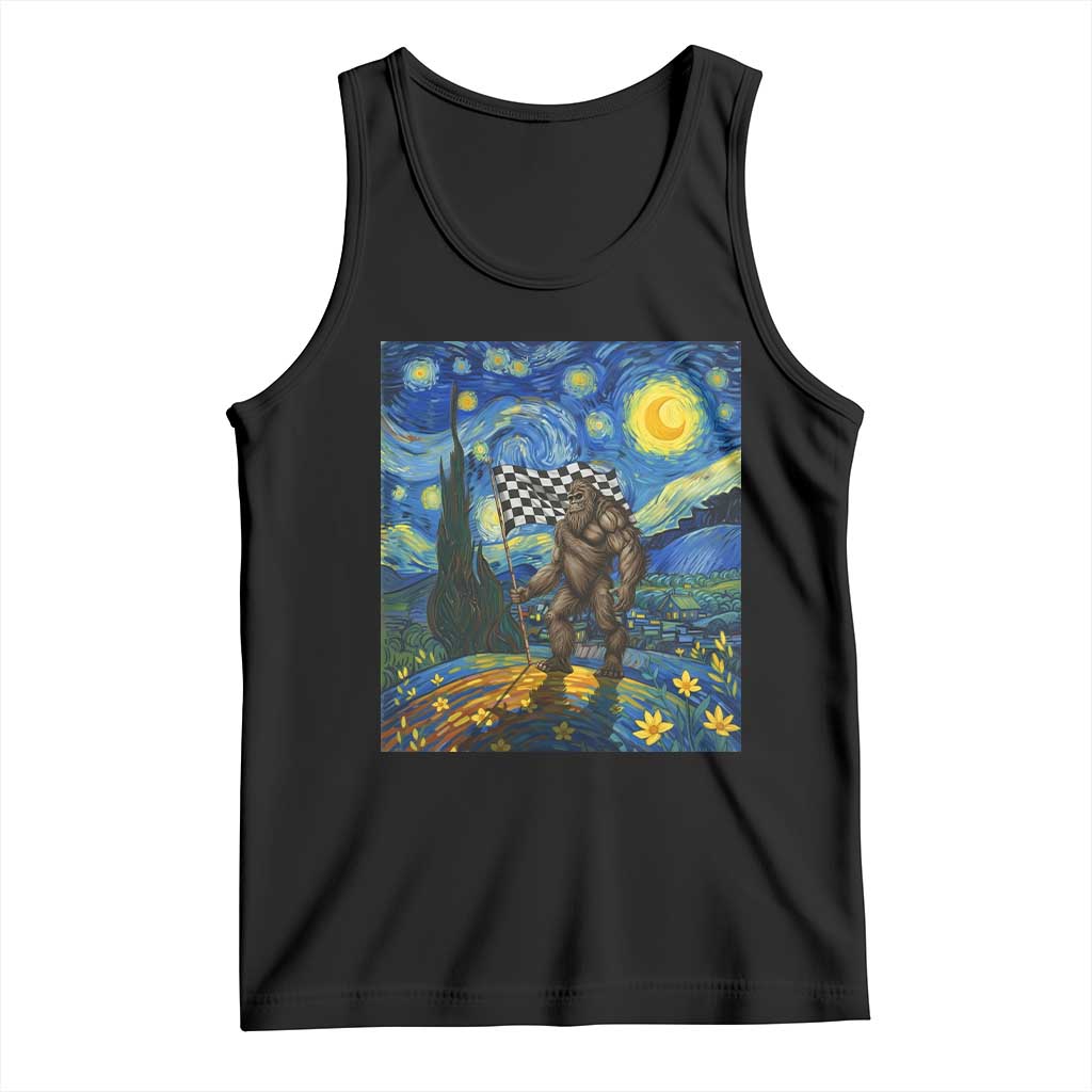 Bigfoot Racing Tank Top Sasquatch Checkered Flag Starry Night Van Gogh TS14 Black Print Your Wear