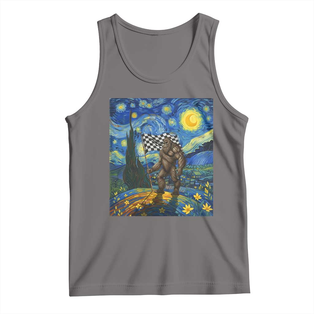 Bigfoot Racing Tank Top Sasquatch Checkered Flag Starry Night Van Gogh TS14 Deep Heather Print Your Wear