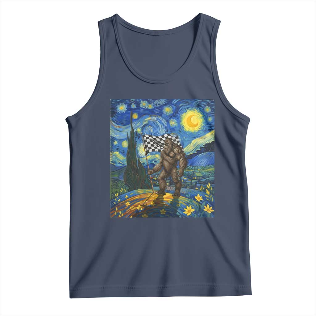 Bigfoot Racing Tank Top Sasquatch Checkered Flag Starry Night Van Gogh TS14 Navy Print Your Wear