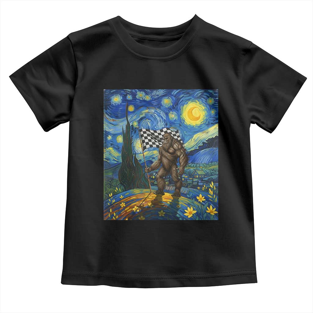 Bigfoot Racing Toddler T Shirt Sasquatch Checkered Flag Starry Night Van Gogh TS14 Black Print Your Wear