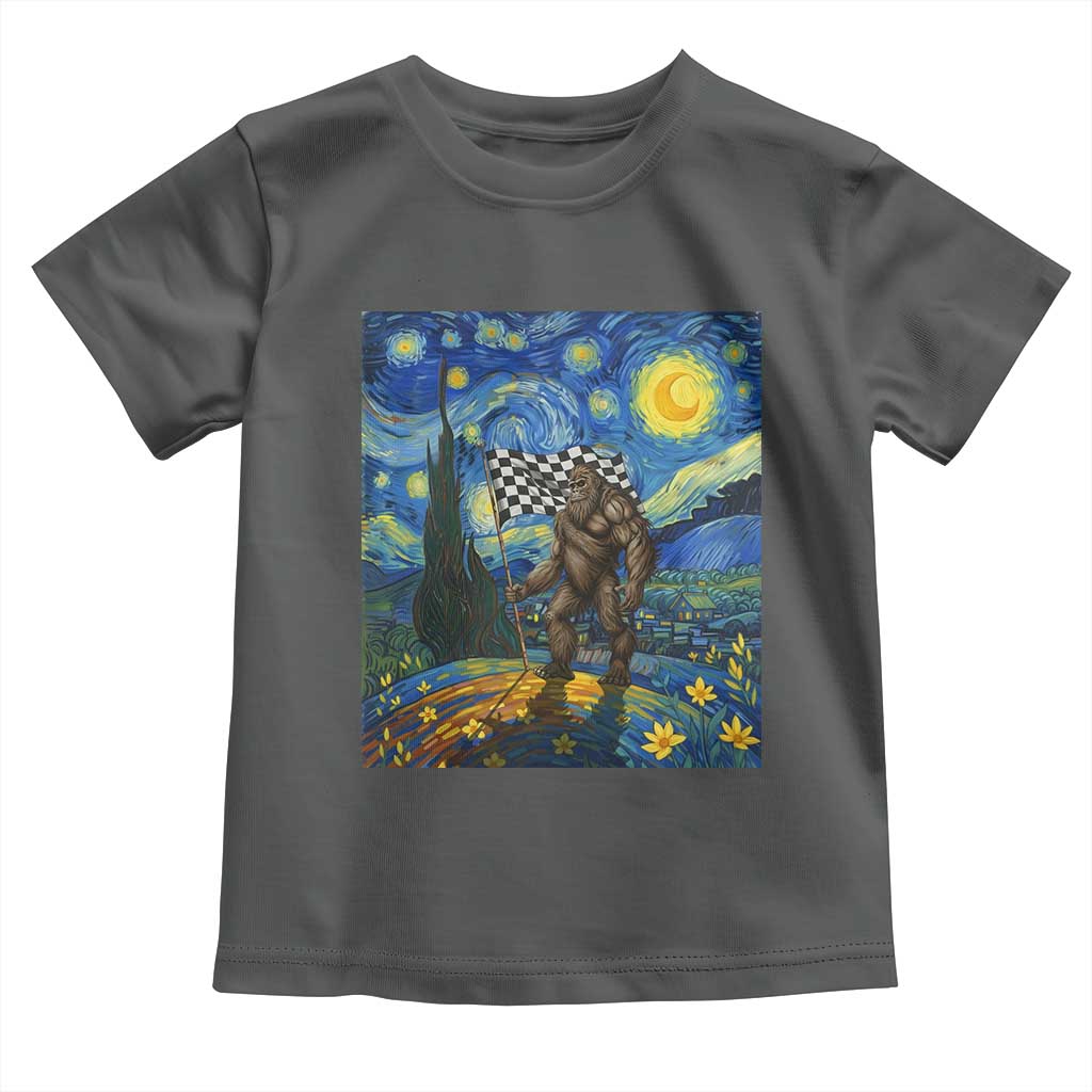 Bigfoot Racing Toddler T Shirt Sasquatch Checkered Flag Starry Night Van Gogh TS14 Dark Heather Print Your Wear