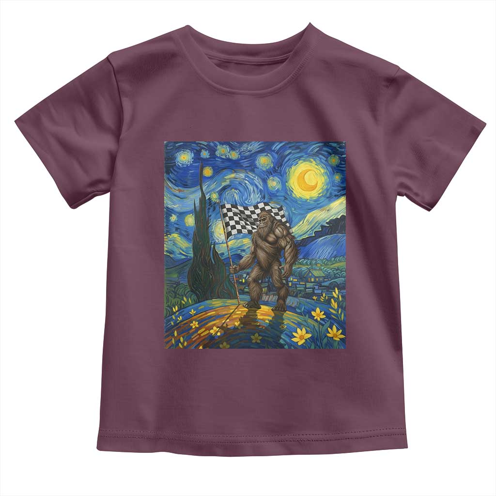 Bigfoot Racing Toddler T Shirt Sasquatch Checkered Flag Starry Night Van Gogh TS14 Maroon Print Your Wear
