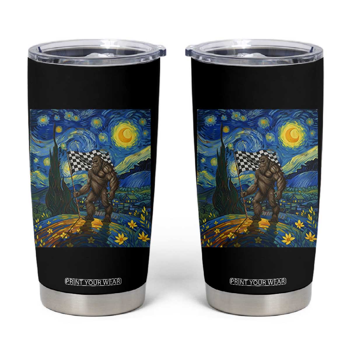 Bigfoot Racing Tumbler Cup Sasquatch Checkered Flag Starry Night Van Gogh TS14 Black Print Your Wear