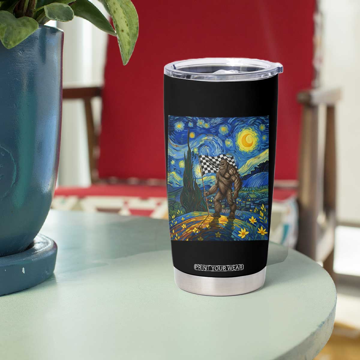 Bigfoot Racing Tumbler Cup Sasquatch Checkered Flag Starry Night Van Gogh TS14 Print Your Wear