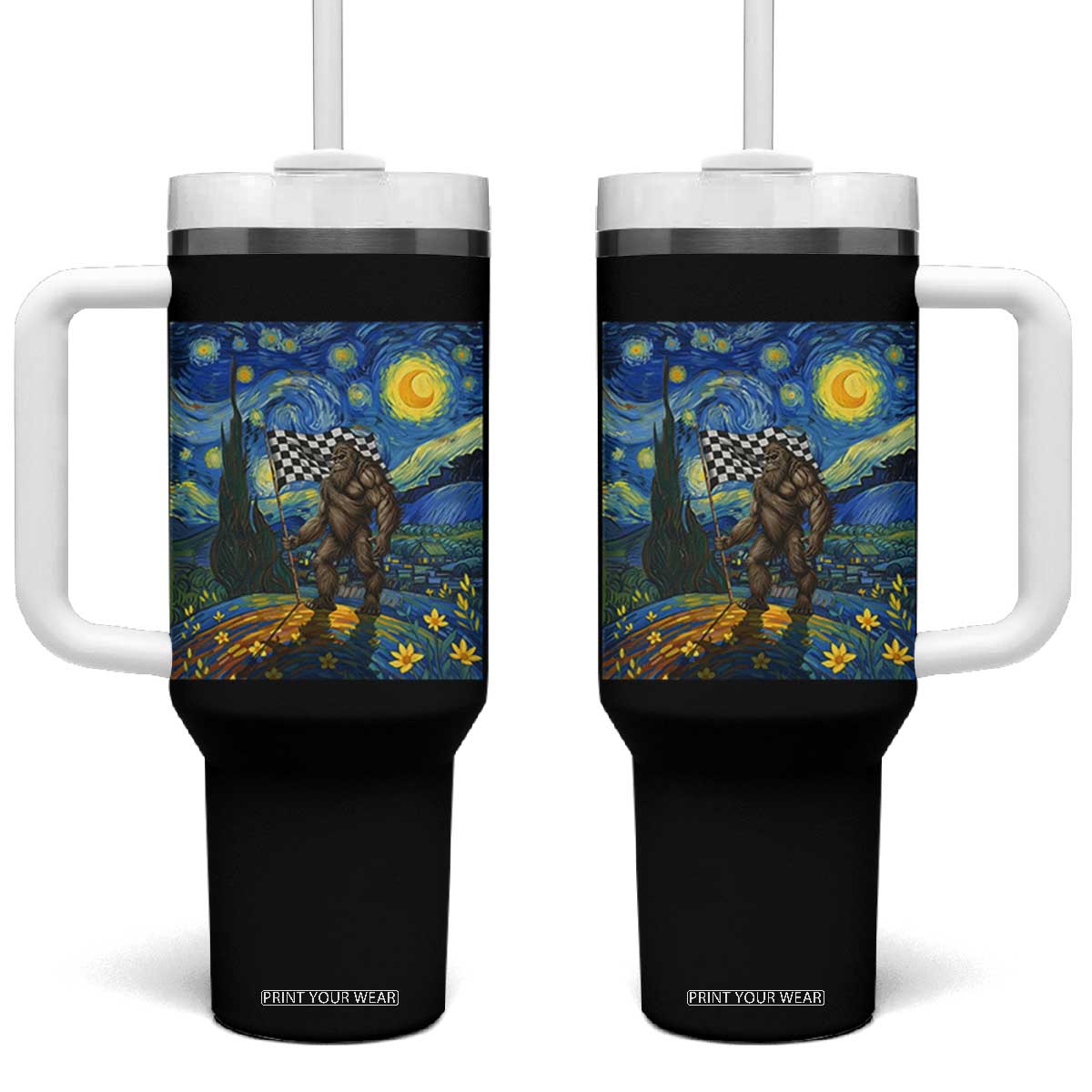 Bigfoot Racing Tumbler With Handle Sasquatch Checkered Flag Starry Night Van Gogh TS14 One Size: 40 oz Black Print Your Wear