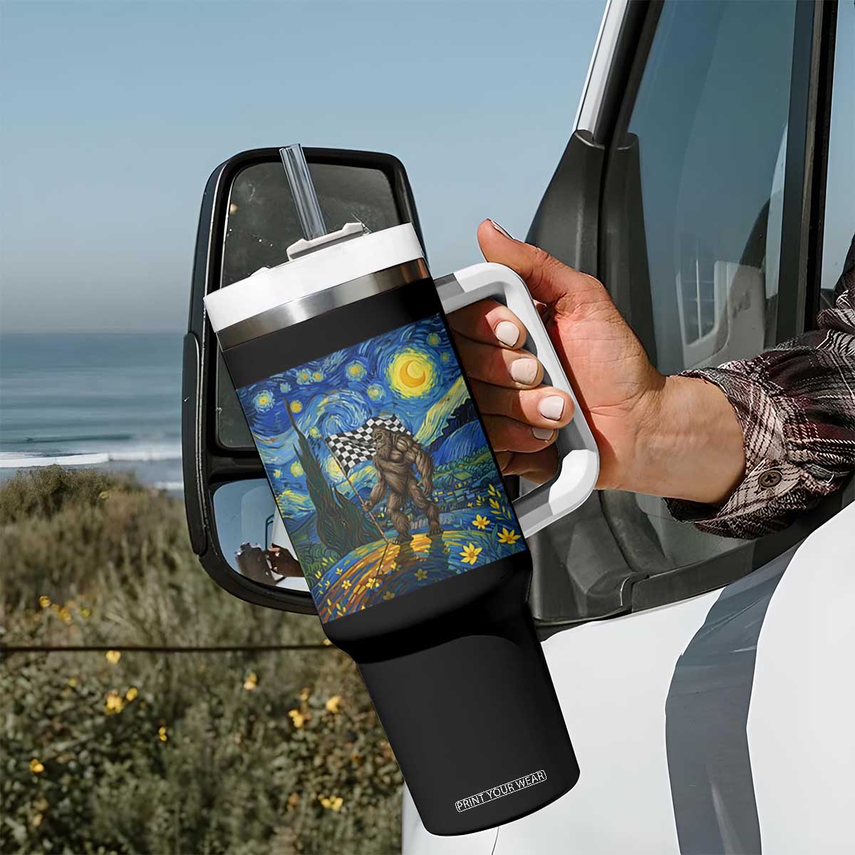 Bigfoot Racing Tumbler With Handle Sasquatch Checkered Flag Starry Night Van Gogh TS14 Print Your Wear
