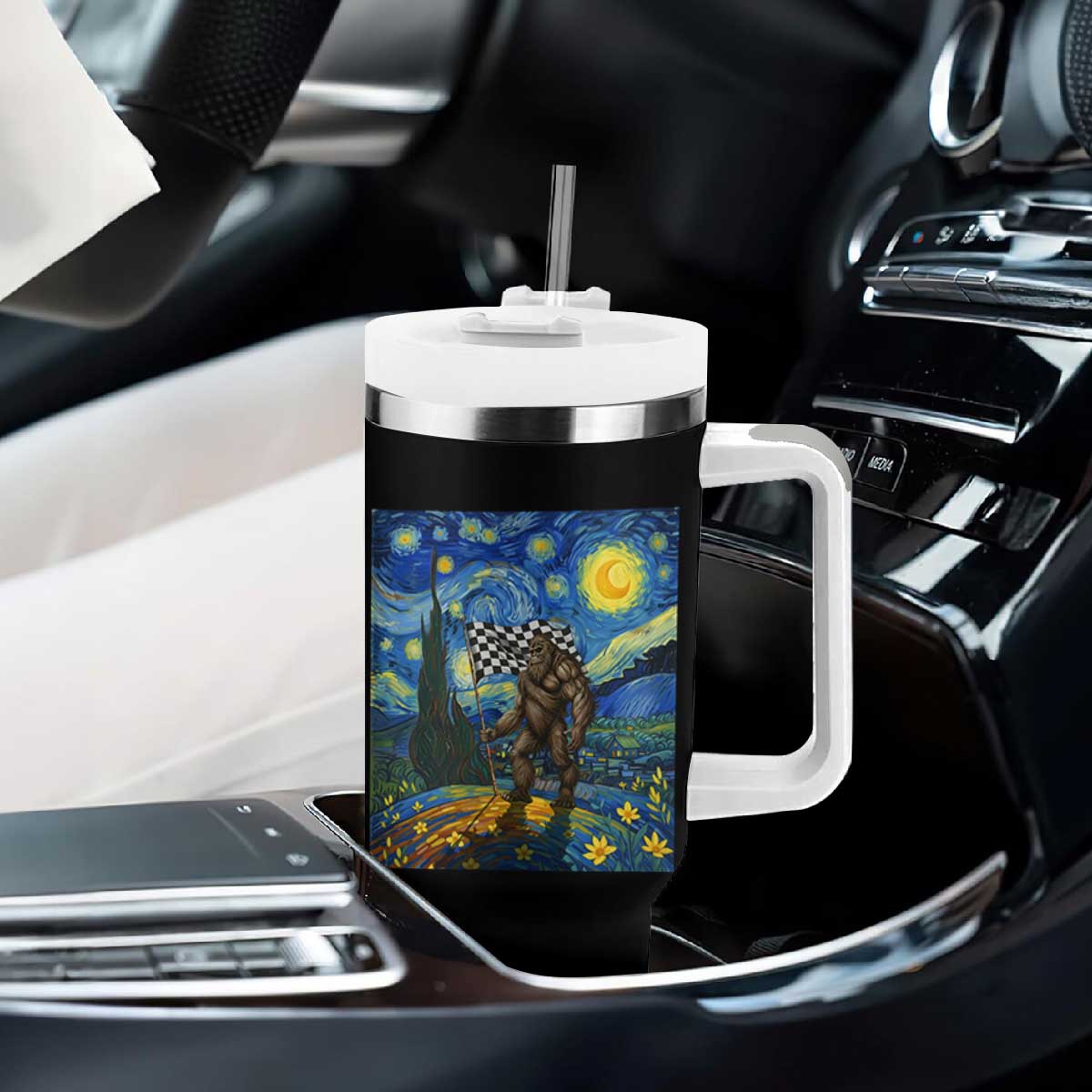 Bigfoot Racing Tumbler With Handle Sasquatch Checkered Flag Starry Night Van Gogh TS14 Print Your Wear