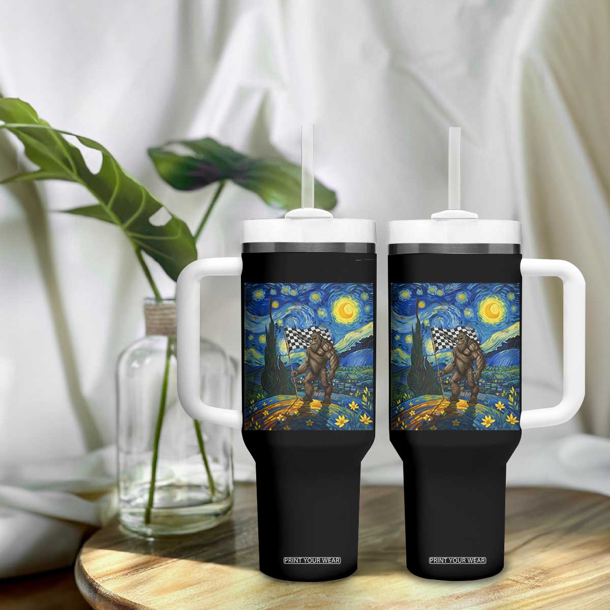 Bigfoot Racing Tumbler With Handle Sasquatch Checkered Flag Starry Night Van Gogh TS14 Print Your Wear