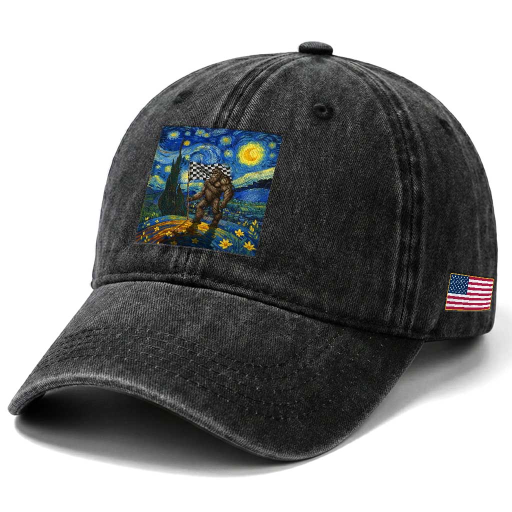 Bigfoot Racing Washed Cotton Baseball Cap Sasquatch Checkered Flag Starry Night Van Gogh TS14 Print Your Wear
