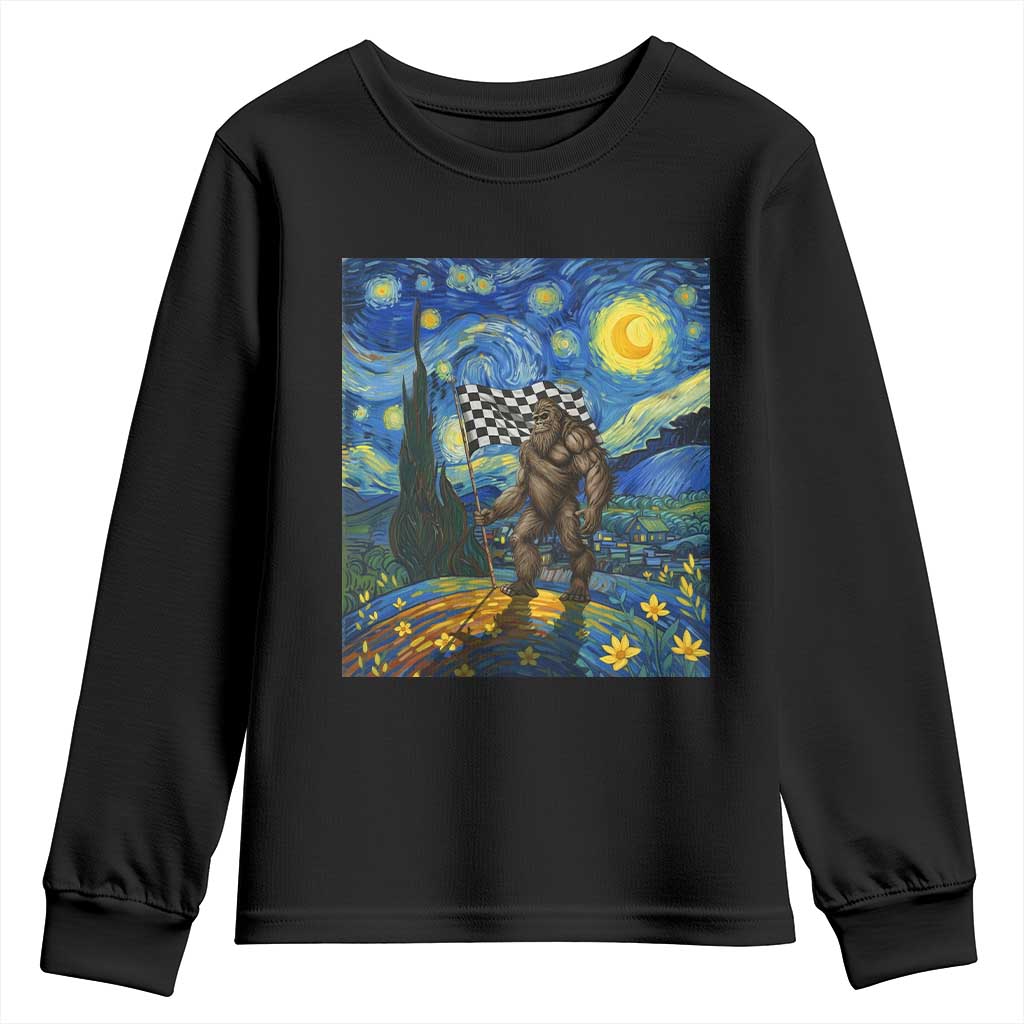 Bigfoot Racing Youth Sweatshirt Sasquatch Checkered Flag Starry Night Van Gogh TS14 Black Print Your Wear