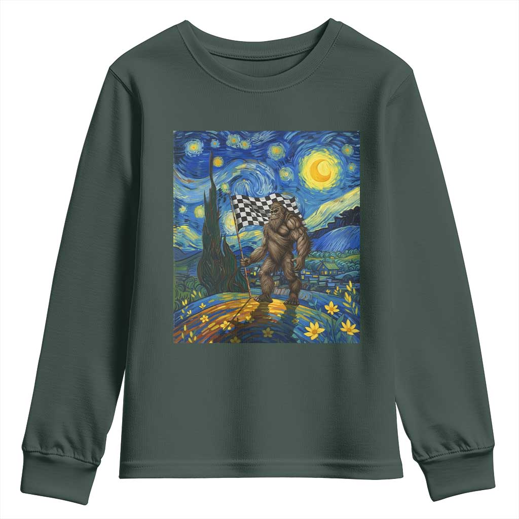 Bigfoot Racing Youth Sweatshirt Sasquatch Checkered Flag Starry Night Van Gogh TS14 Dark Forest Green Print Your Wear