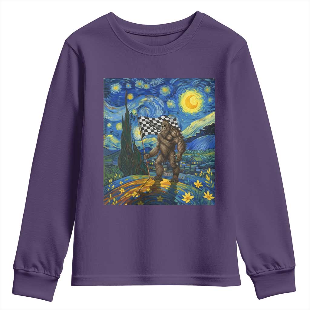 Bigfoot Racing Youth Sweatshirt Sasquatch Checkered Flag Starry Night Van Gogh TS14 Purple Print Your Wear