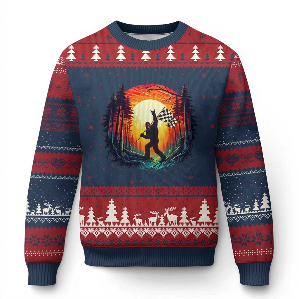 Bigfoot Racing Ugly Christmas Sweater Sasquatch Checkered Flag TS14 Navy Red Print Your Wear