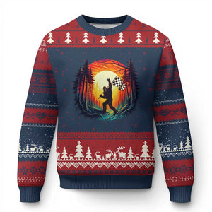 Bigfoot Racing Ugly Christmas Sweater Sasquatch Checkered Flag TS14 Navy Red Print Your Wear