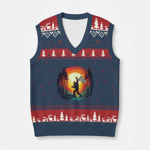 Bigfoot Racing V-Neck Knit Sweater Vest Sasquatch Checkered Flag TS14 Navy Red Print Your Wear