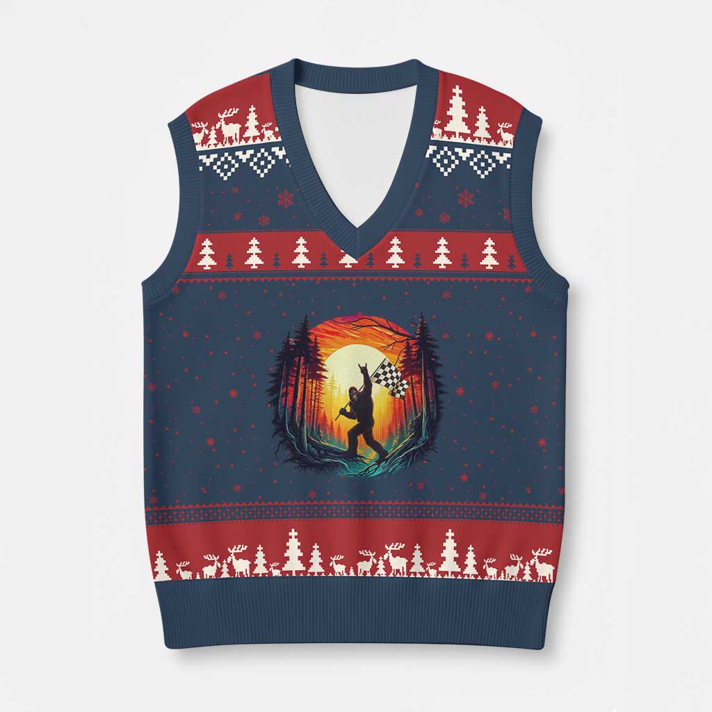 Bigfoot Racing V-Neck Knit Sweater Vest Sasquatch Checkered Flag TS14 Navy Red Print Your Wear