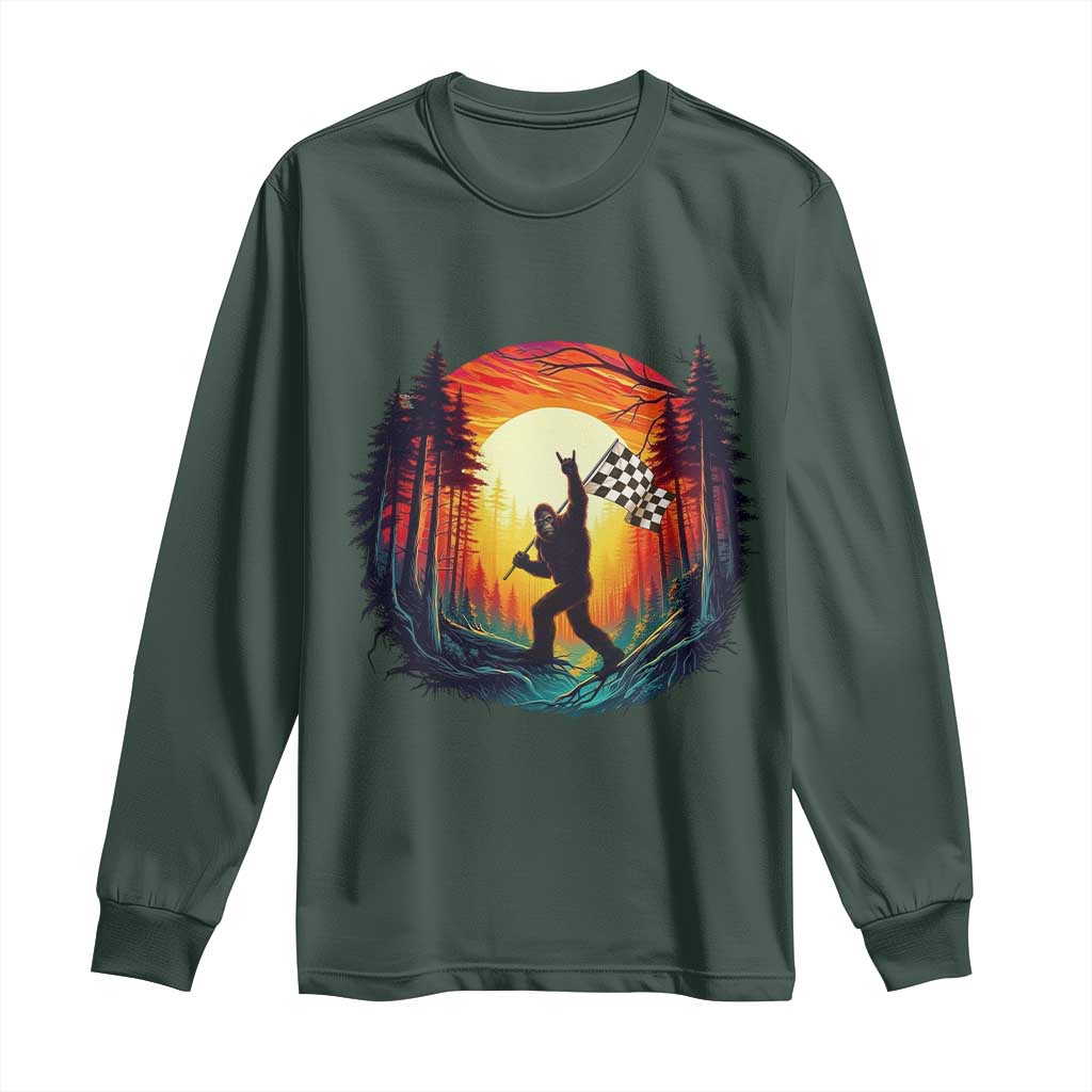 Bigfoot Racing Long Sleeve Shirt Sasquatch Checkered Flag TS14 Dark Forest Green Print Your Wear