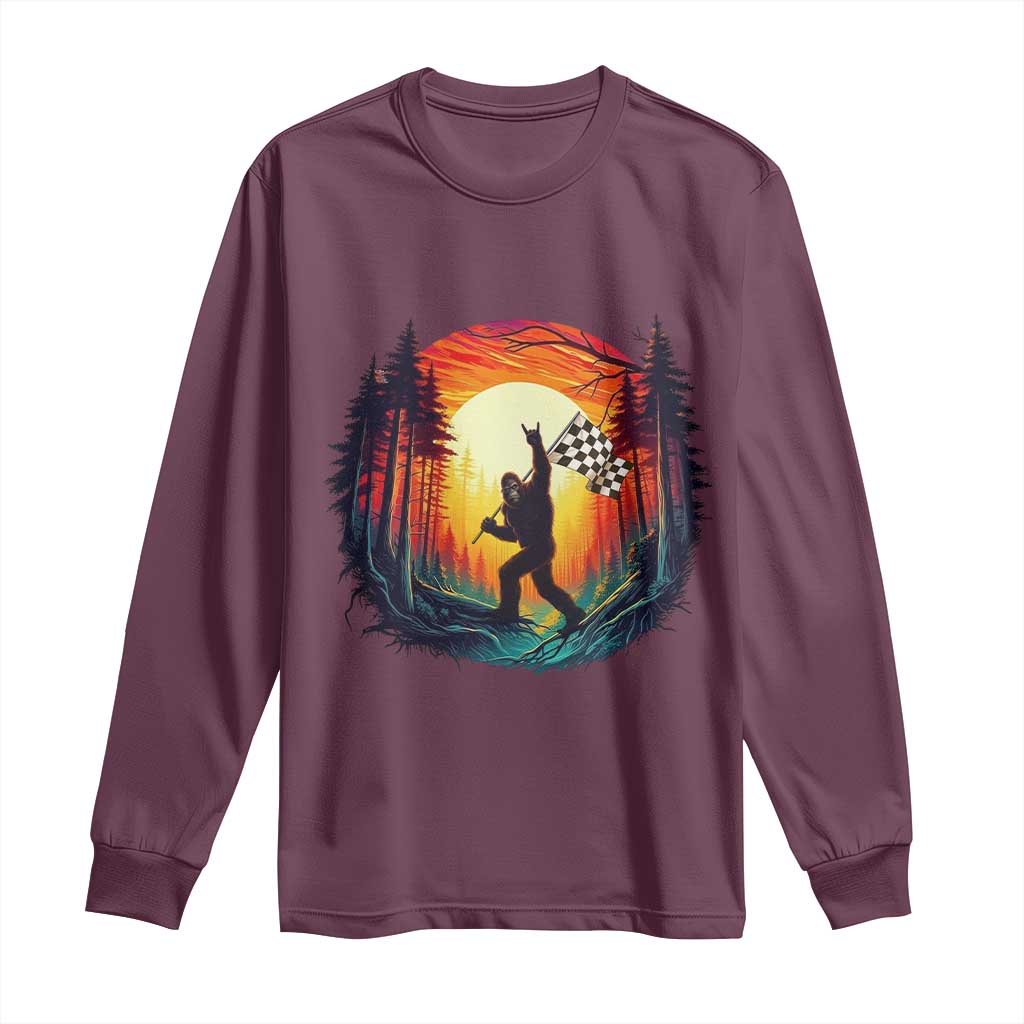 Bigfoot Racing Long Sleeve Shirt Sasquatch Checkered Flag TS14 Maroon Print Your Wear