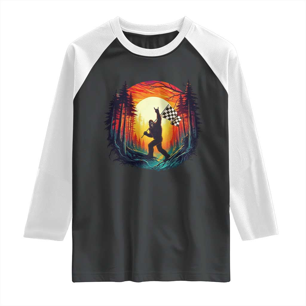 Bigfoot Racing Raglan Shirt Sasquatch Checkered Flag TS14 Black White Print Your Wear