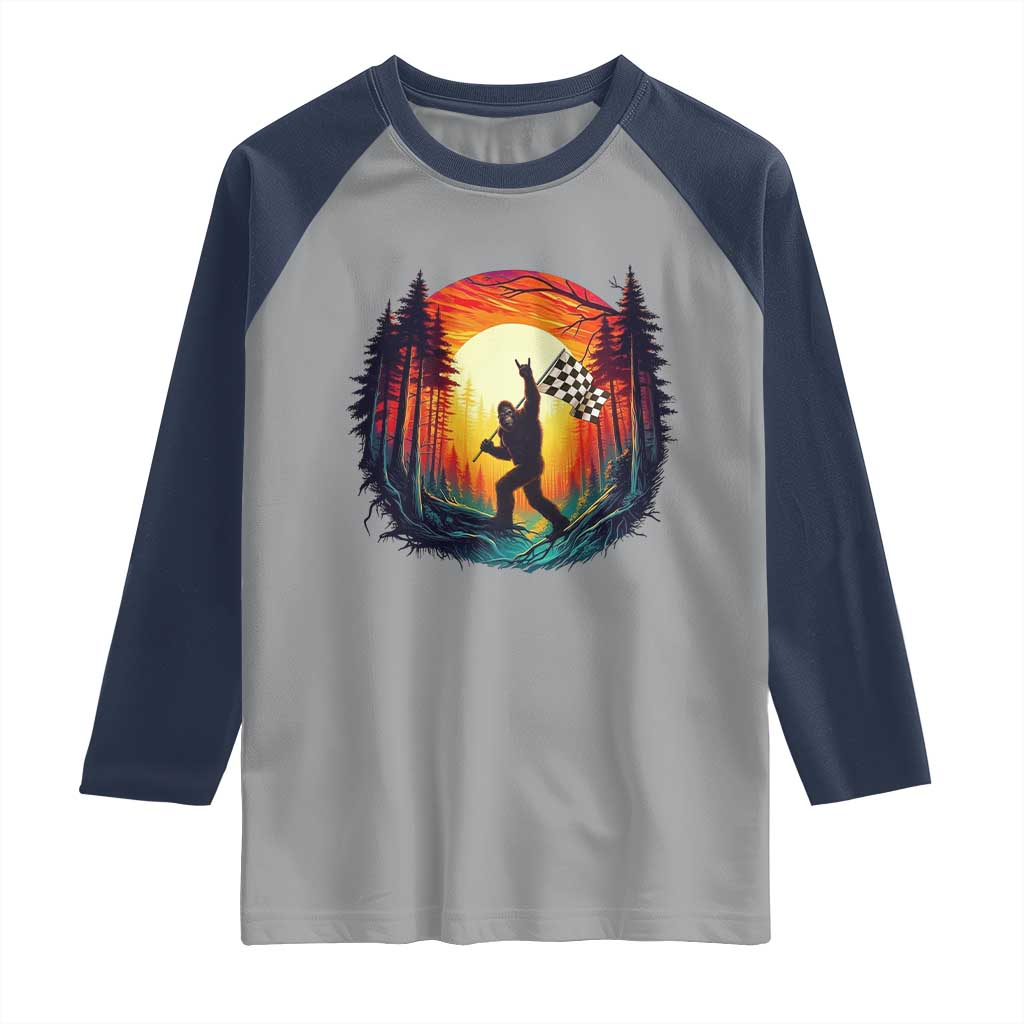 Bigfoot Racing Raglan Shirt Sasquatch Checkered Flag TS14 Sport Gray Navy Print Your Wear