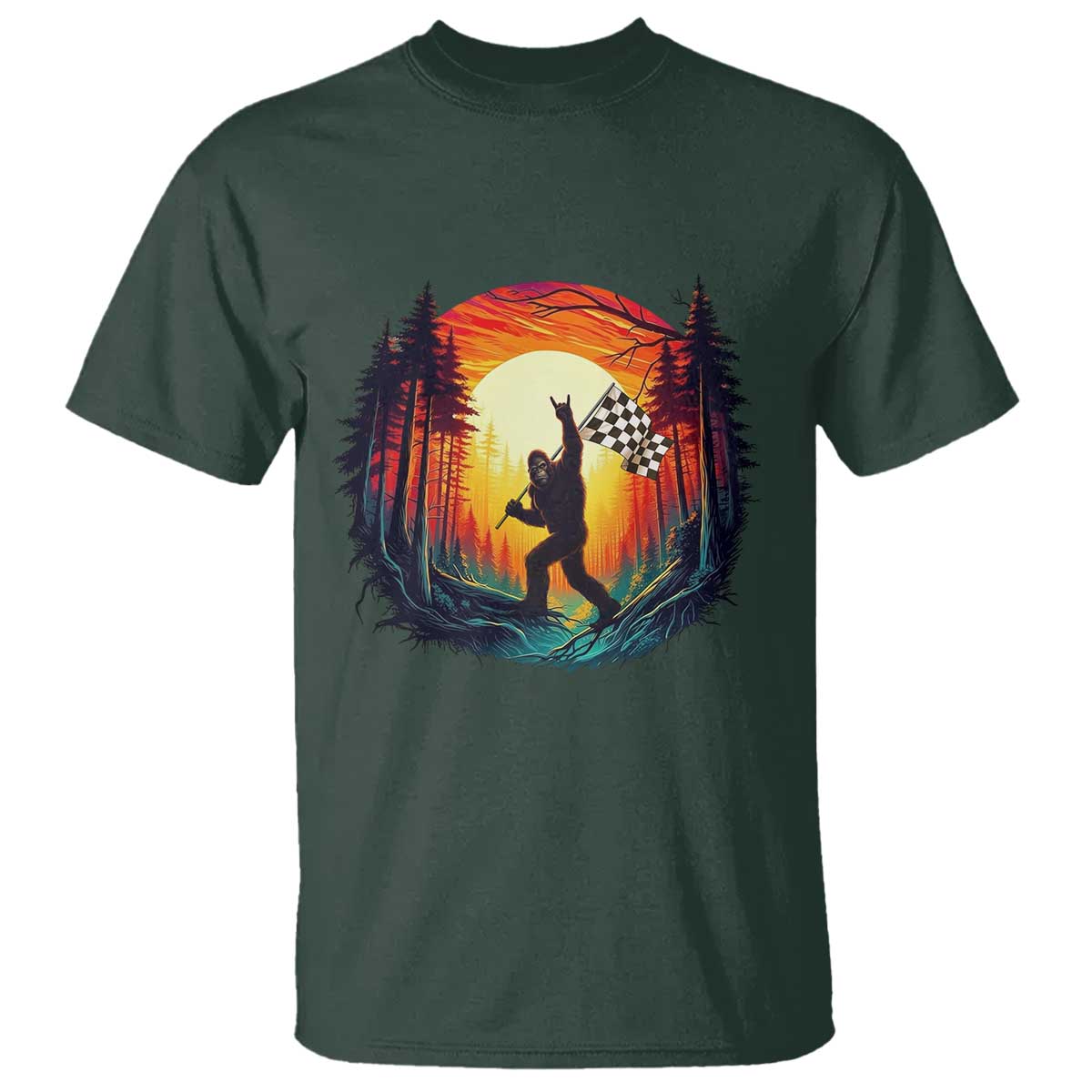 Bigfoot Racing T Shirt Sasquatch Checkered Flag TS14 Dark Forest Green Print Your Wear