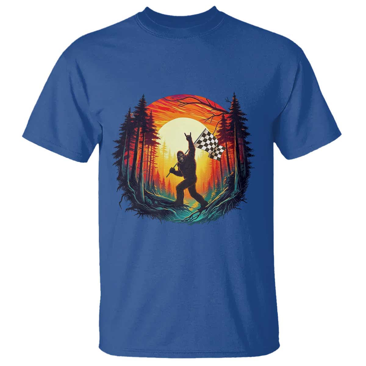 Bigfoot Racing T Shirt Sasquatch Checkered Flag TS14 Royal Blue Print Your Wear