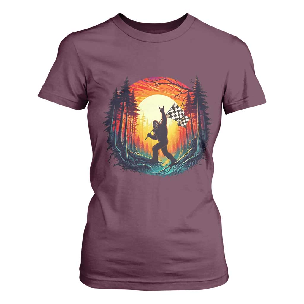 Bigfoot Racing T Shirt For Women Sasquatch Checkered Flag TS14 Maroon Print Your Wear