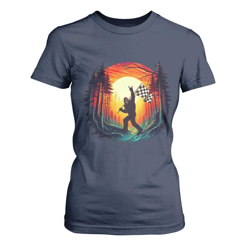 Bigfoot Racing T Shirt For Women Sasquatch Checkered Flag TS14 Navy Print Your Wear