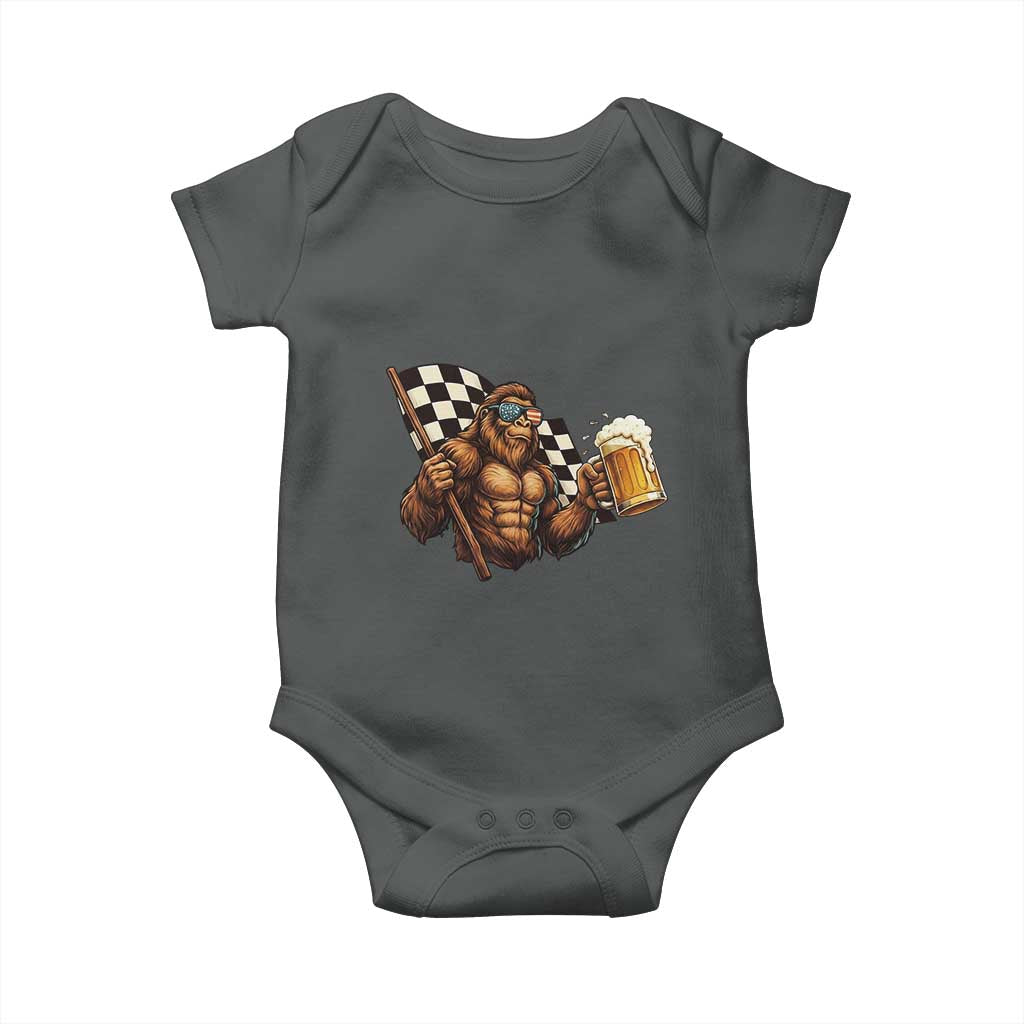 Funny Bigfoot Baby Onesie Sasquatch Drinking Beer Racing Car TS14 Dark Heather Print Your Wear