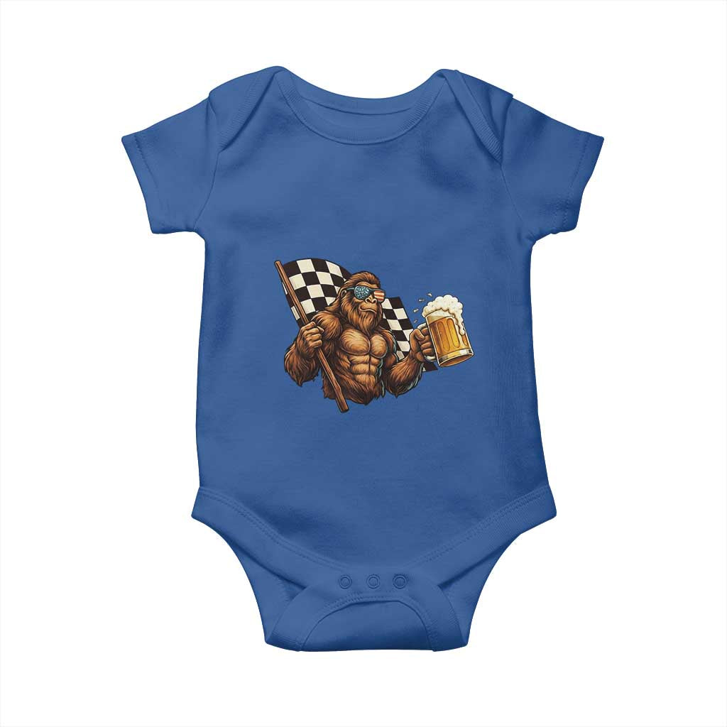 Funny Bigfoot Baby Onesie Sasquatch Drinking Beer Racing Car TS14 Royal Blue Print Your Wear
