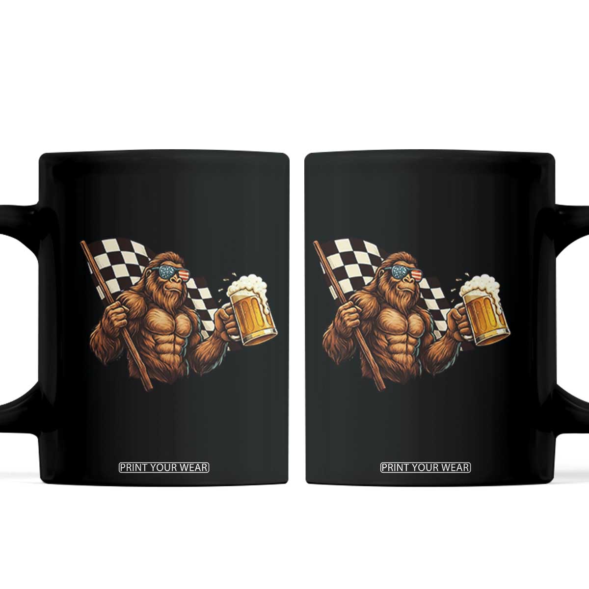 Funny Bigfoot Coffee Mug Sasquatch Drinking Beer Racing Car TS14 Black Print Your Wear